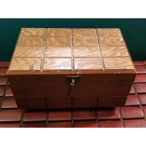 Vintage Mid Century Geometric Wooden Jewelry Box W/ Mirror & Drawer Red Velvet